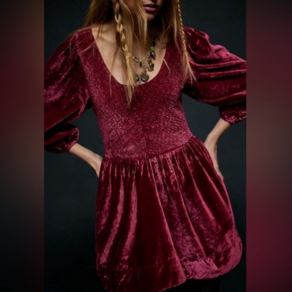 NWOT Free People Farrier Velvet Boysenberry Boho Puff Sleeve Mini Dress | Small